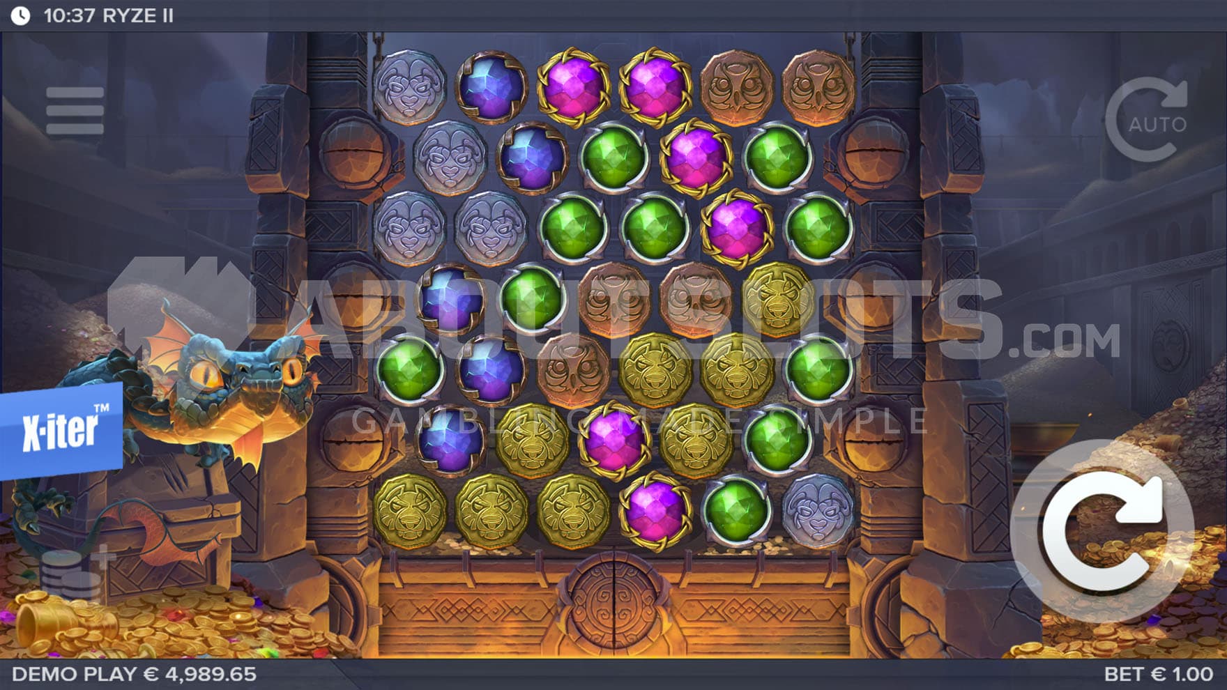 Base Game view of a 6x7 grid on a backdrop of a dragon's lair filled with gold.