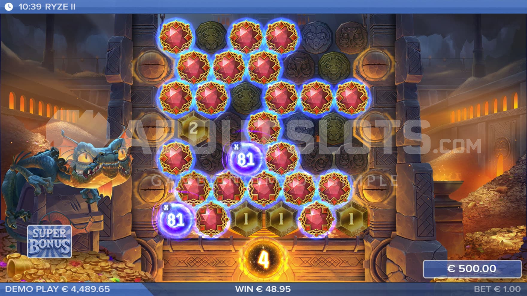 Super Bonus in progress, showing a massive winning cluster with two x81 Multiplier Wilds.