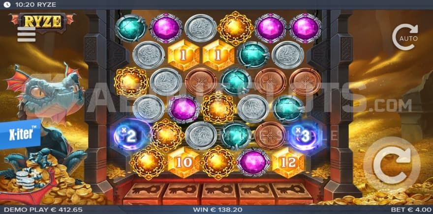 A screenshot of the base game view in Ryze, taking place in a gold filled chamber