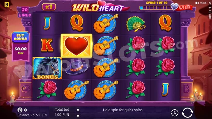 Base game where you can see a wild heart symbol on the second reel.