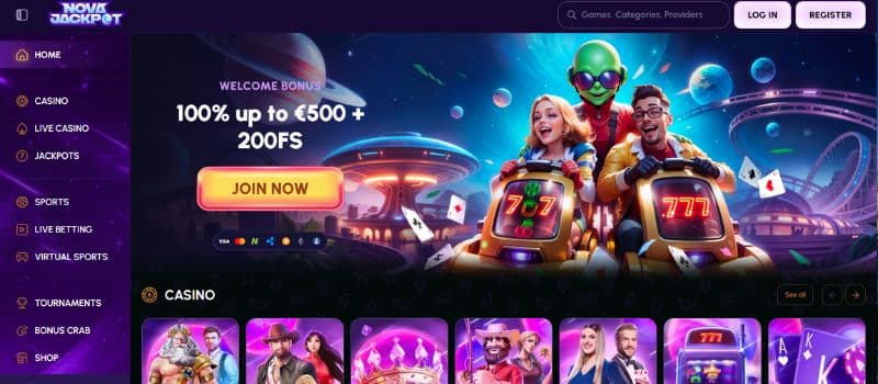 The login page for NovaJackpot where we are greated with a space blue theme with modern graphics.