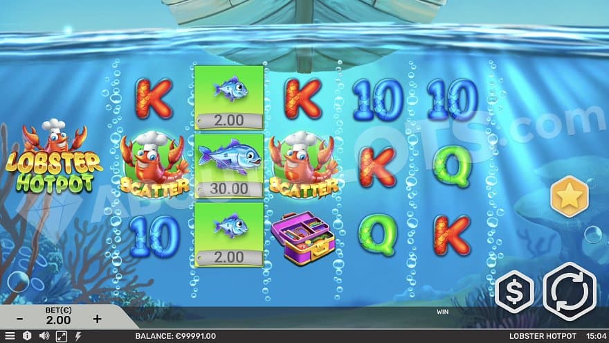 A casino slot with 5 reels under water.