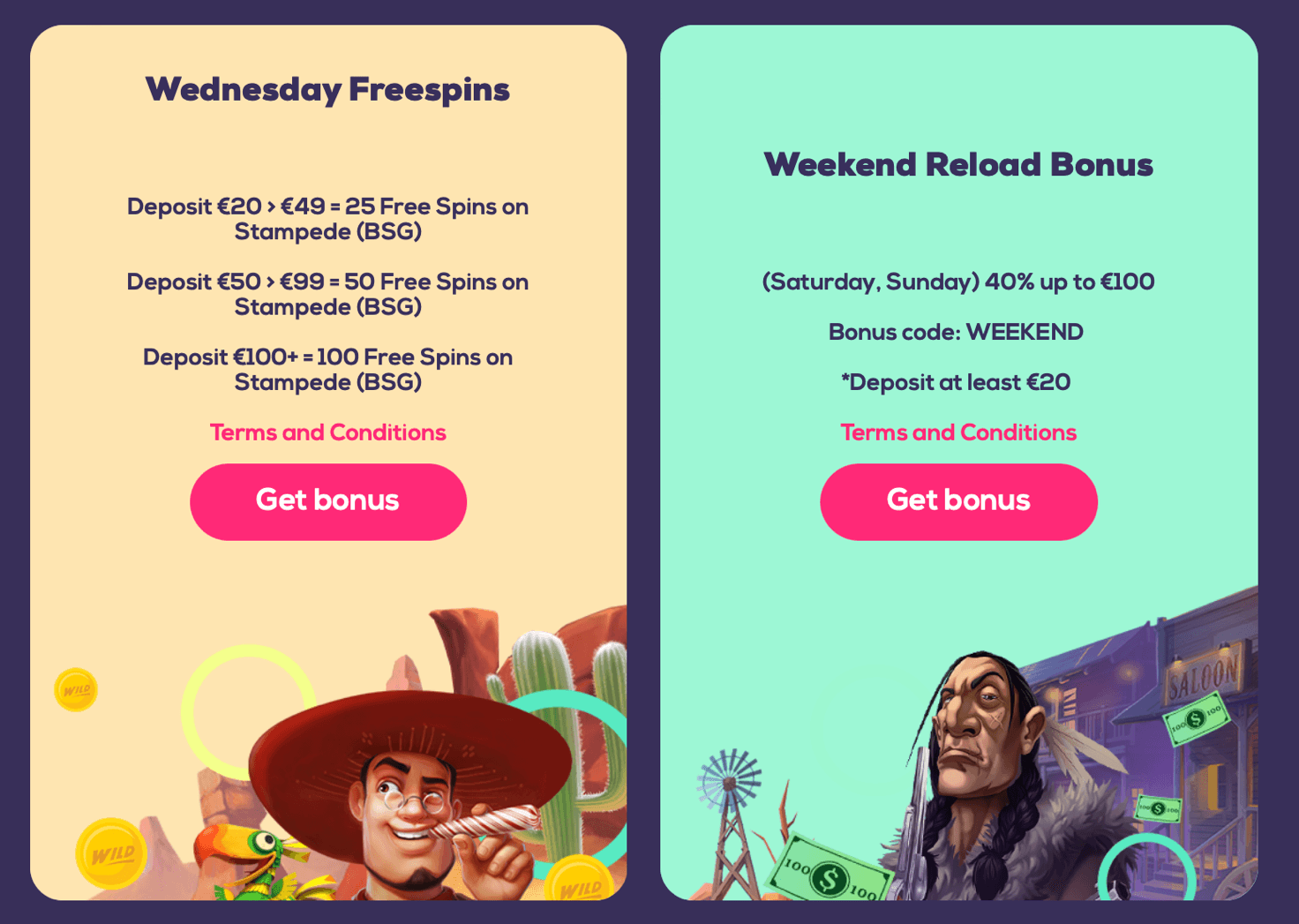 The promotions page of Wild Fortune Casino presents the Wednesday and the weekend bonuses.