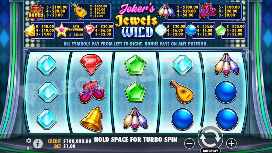 Base game with a symbol paytable above the reels.