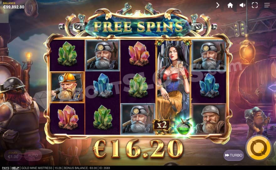 Free Spins bonus game with a wild mistress symbol on the fourth reel.