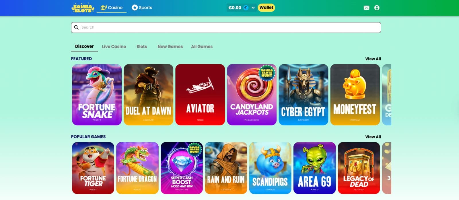 SambaSlots Casino games showing impressive titles like Duel at Dawn and other exciting games.