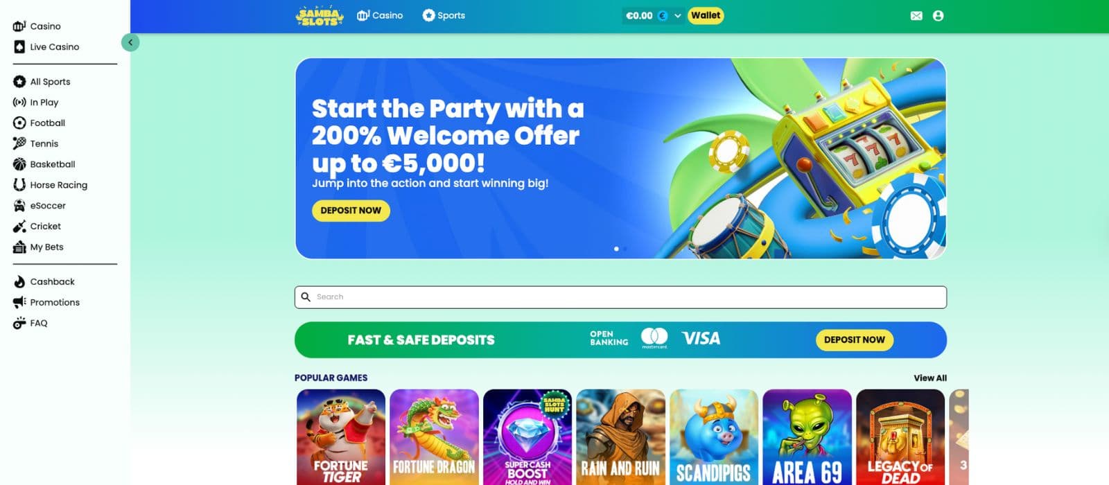 SambaSlots Casino's homepage, showing the welcome bonus and some popular games.