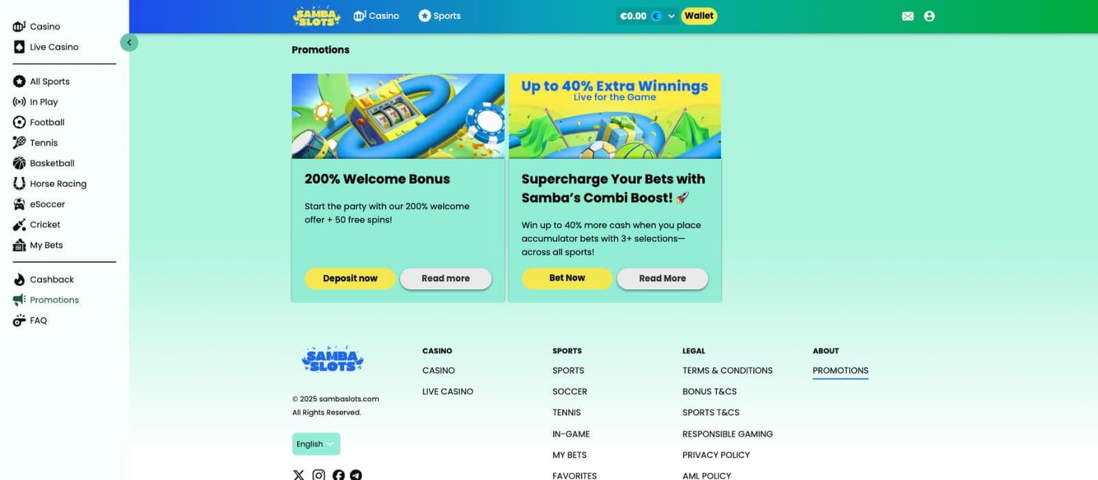 SambaSlots Casino's promotion page, showing the welcome bonus and other promotions.