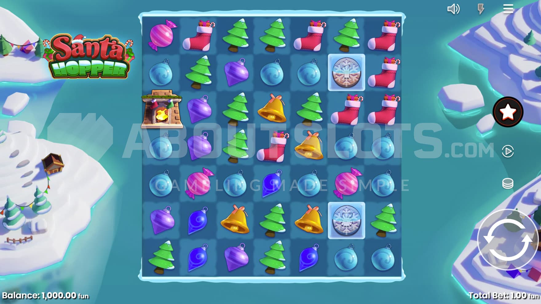 Base Game view of a 7x7 grid on a backdrop of a cartoony, wintery land.