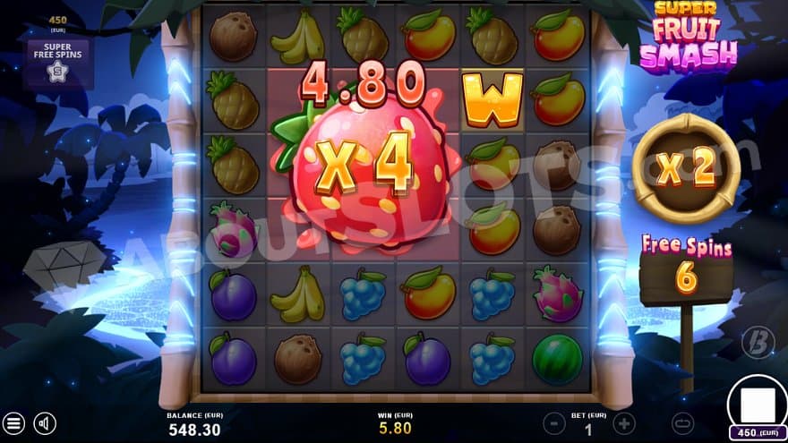 A win in the free spins with a 3x3 giant strawberry symbol.