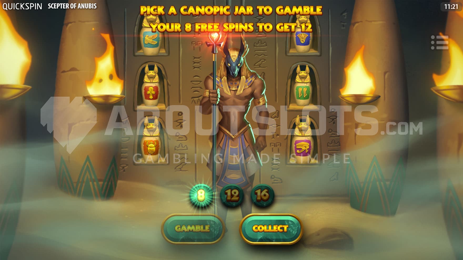 Gamble feature showing Anubis in the middle and asking the player to pick one of the canopic jars in order to gamble.