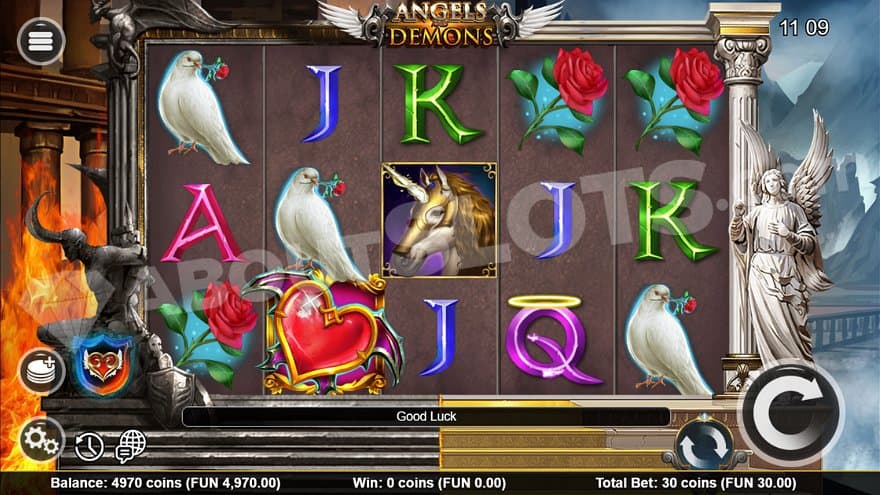 Five reels with a background of a burning hell to the left and a peaceful heaven to the right.