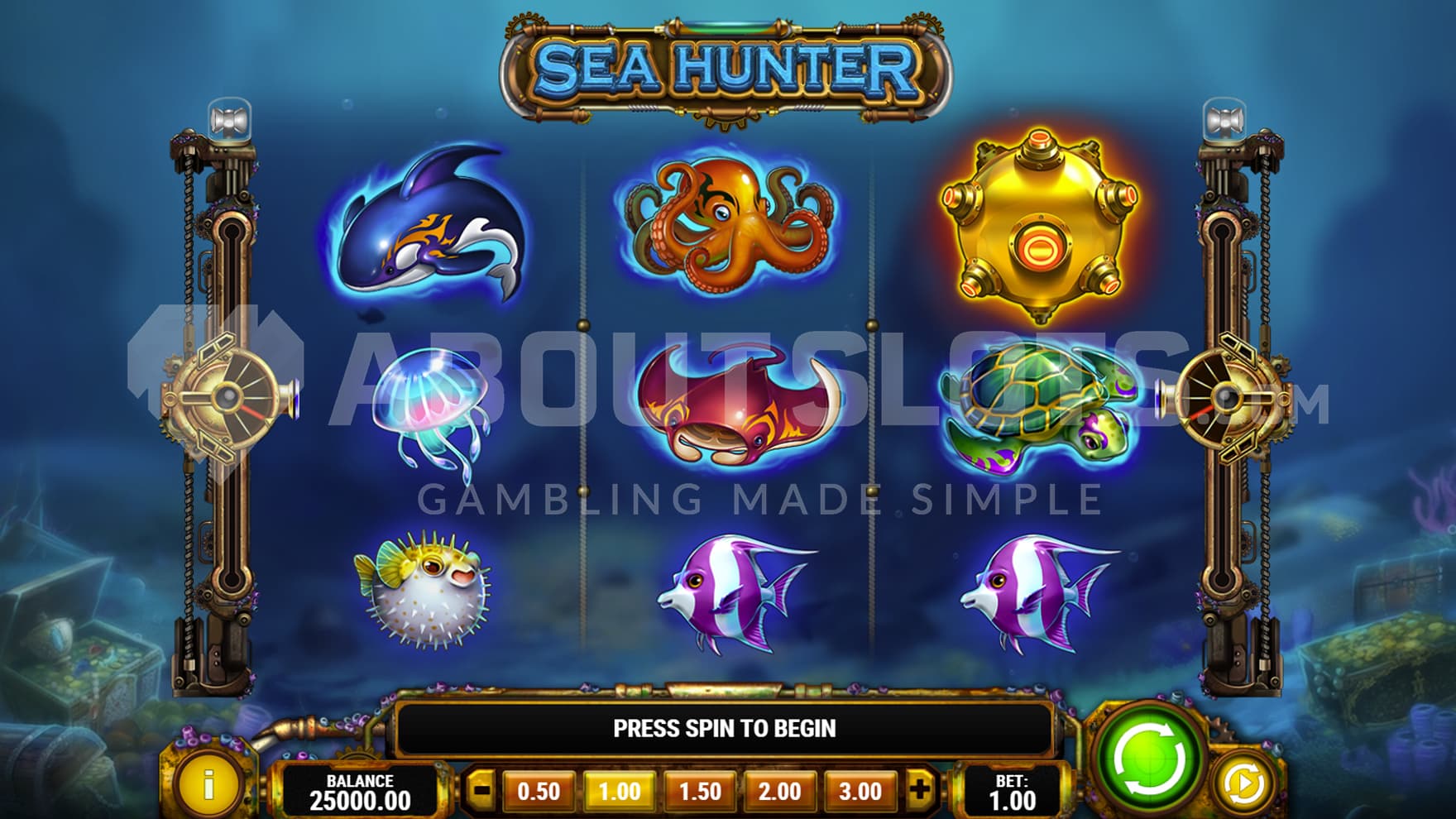 Base Game view of a 3x3 grid on a an underwater landscape with treasure chests resting on the ocean bed.