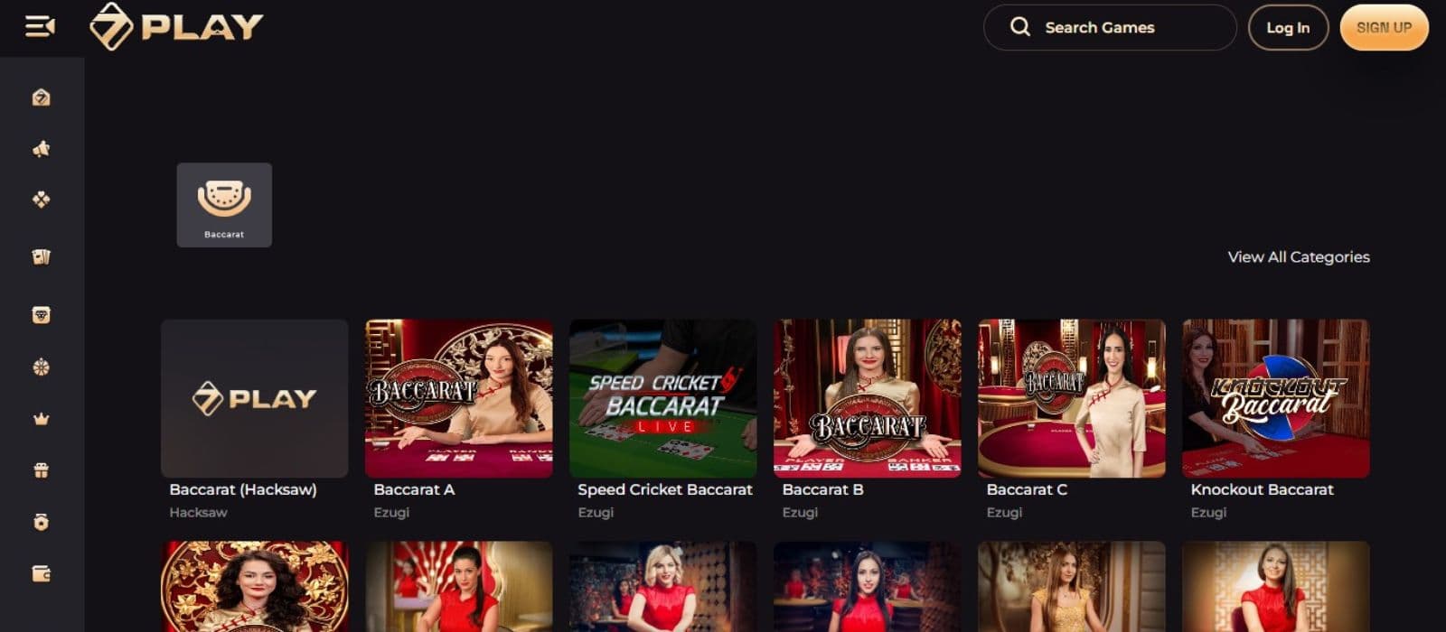 Sevenplay Casino's live games section, showing variations of baccarat.