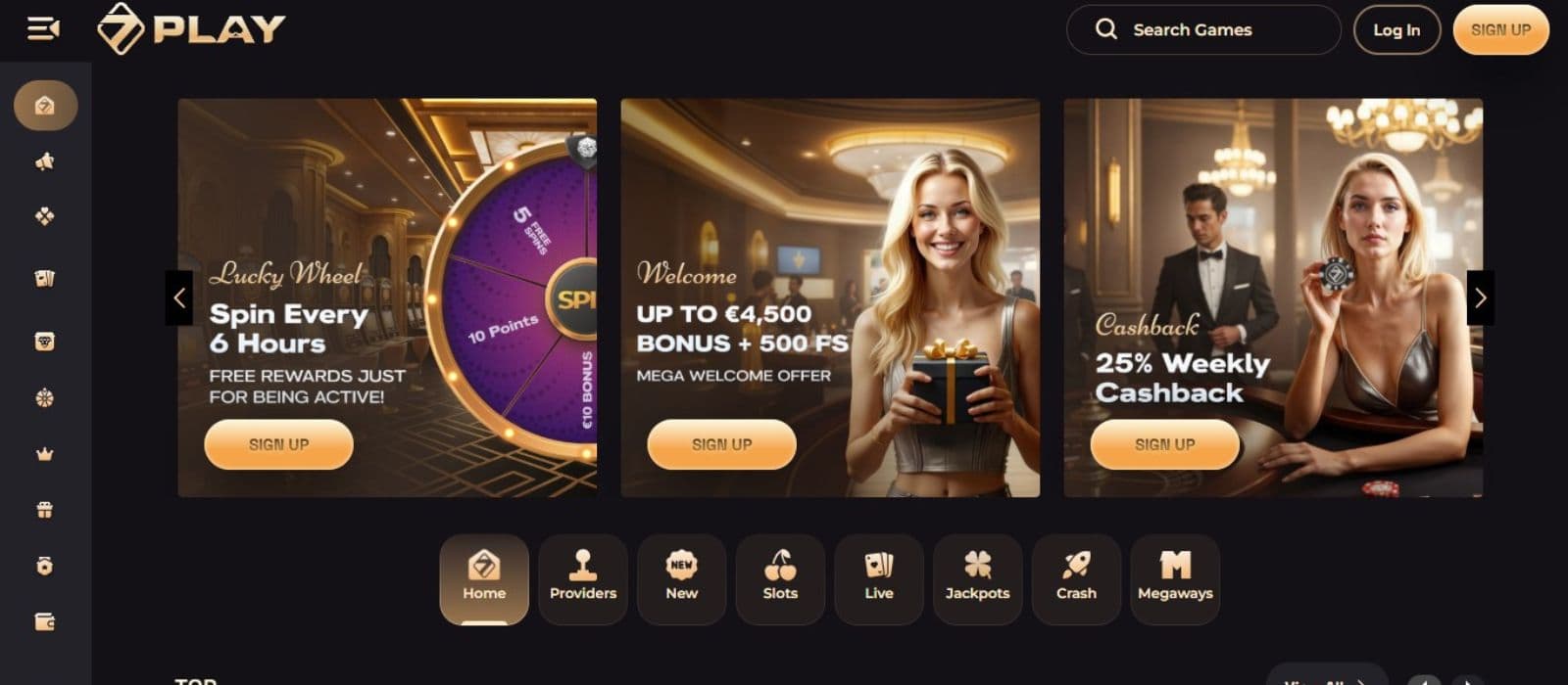 Sevenplay Casino's homepage, showing the promotion reels and a sidebar menu.