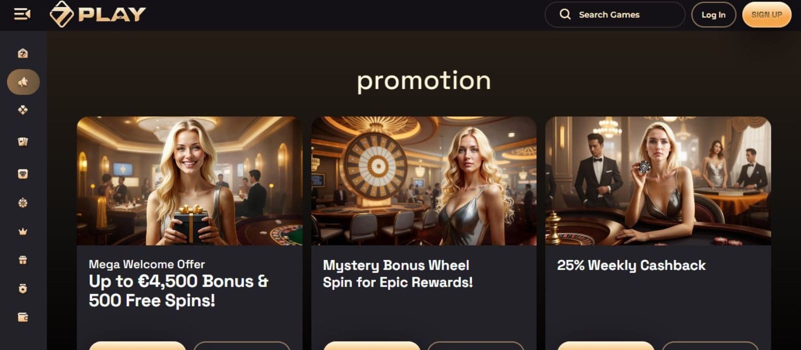 Sevenplay Casino's promotion page, showing the mega welcome offer and other promotions.