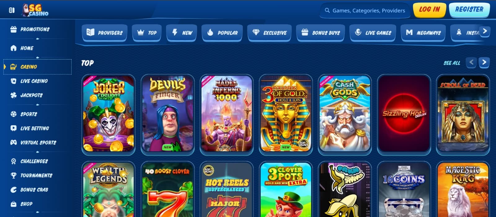 SG Casino games page with slot titles under game categories 