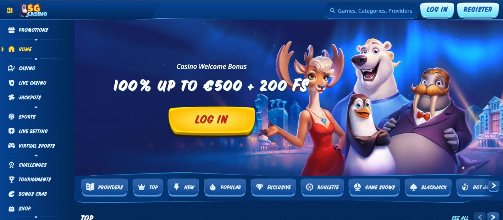 SG Casino landing page with Arctic animals on welcome bonus banner