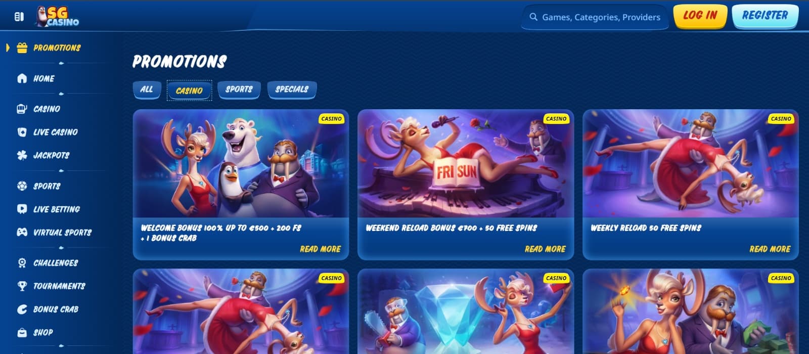 SG Casino promotions page with casino weekly reload and cashback bonuses with Walrus and Deer characters