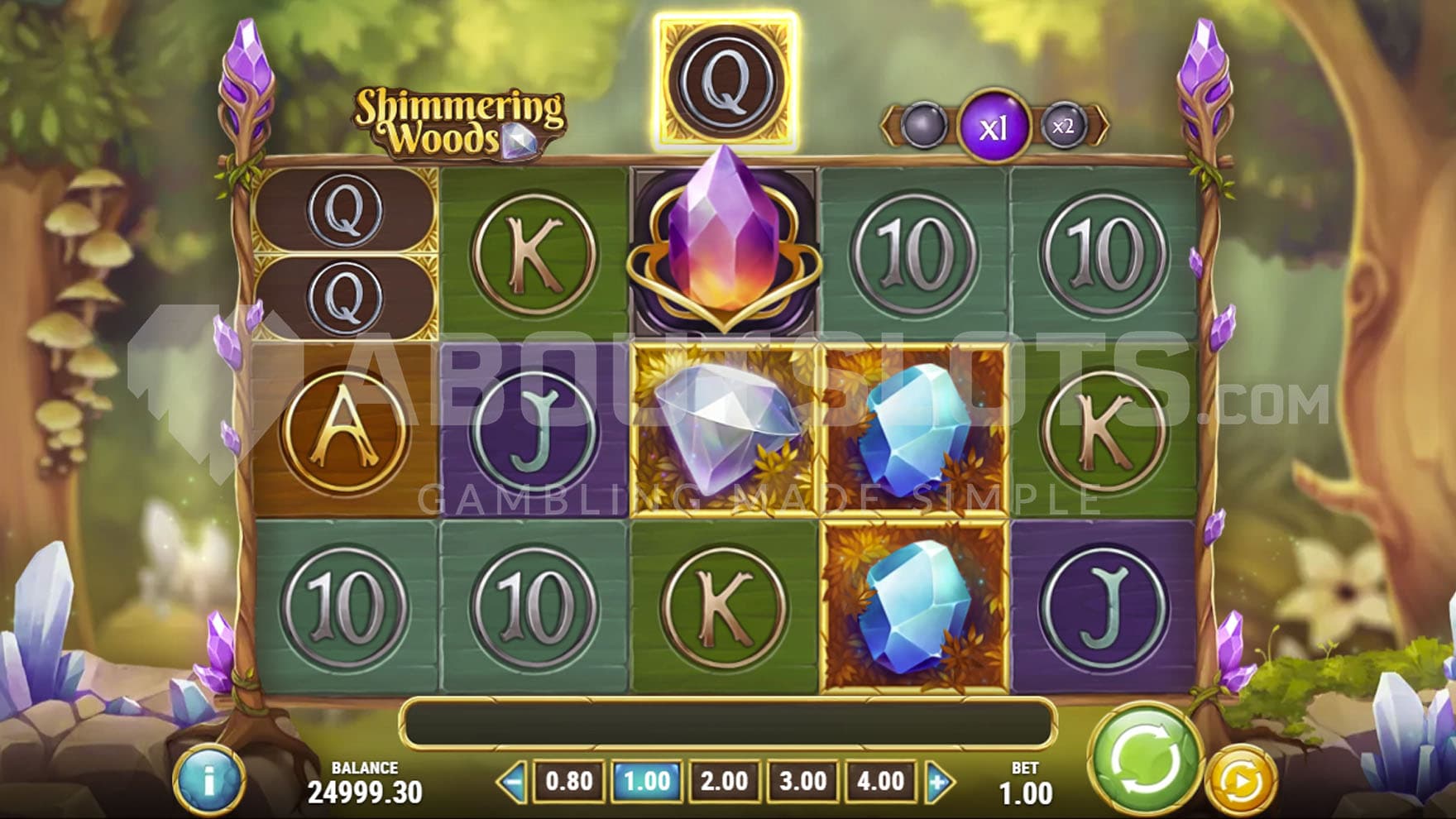 Base Game view of a 5x3 grid on a backdrop of a magical forest studded with clusters of gemstones.