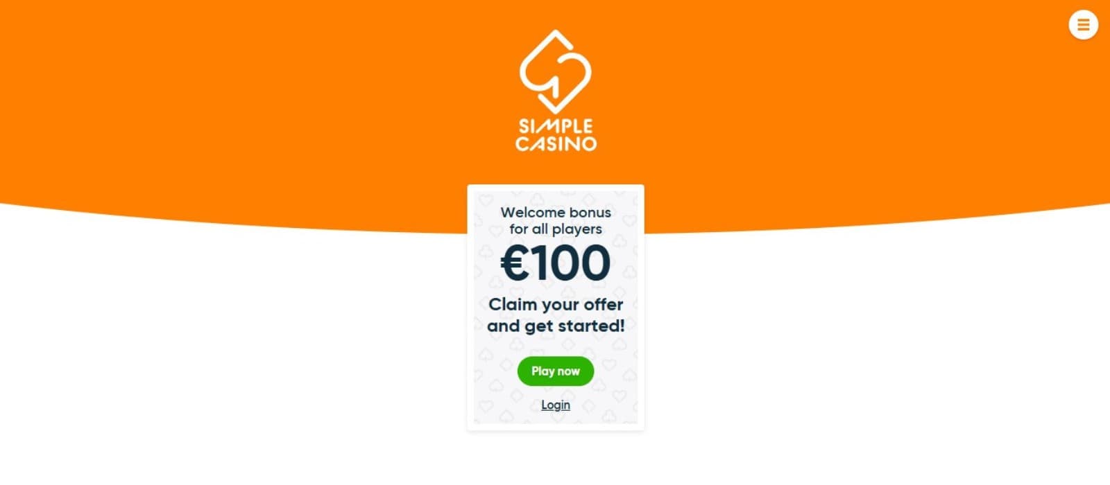 Simple Casino's homepage, showing the welcome bonus banner.