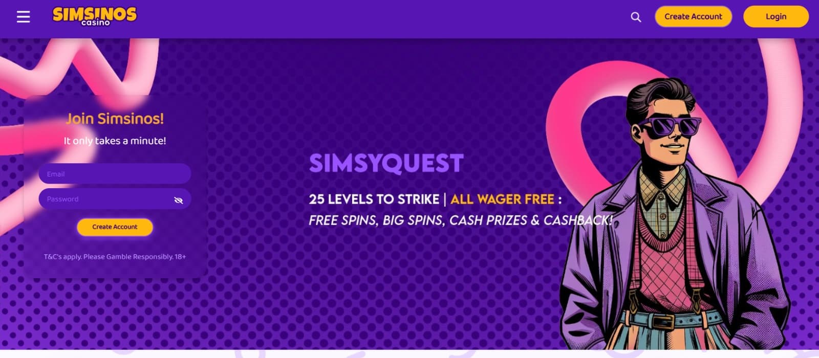 Simsinos Casino landing page with Simsyquest  loyalty levels over purple banner and background image 