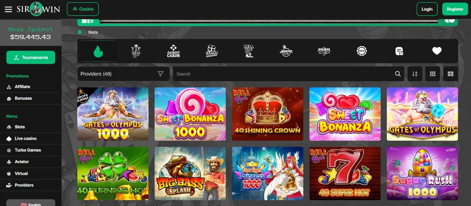 SirWin Casino's games page displaying the slots collection, with provider and search filters 
