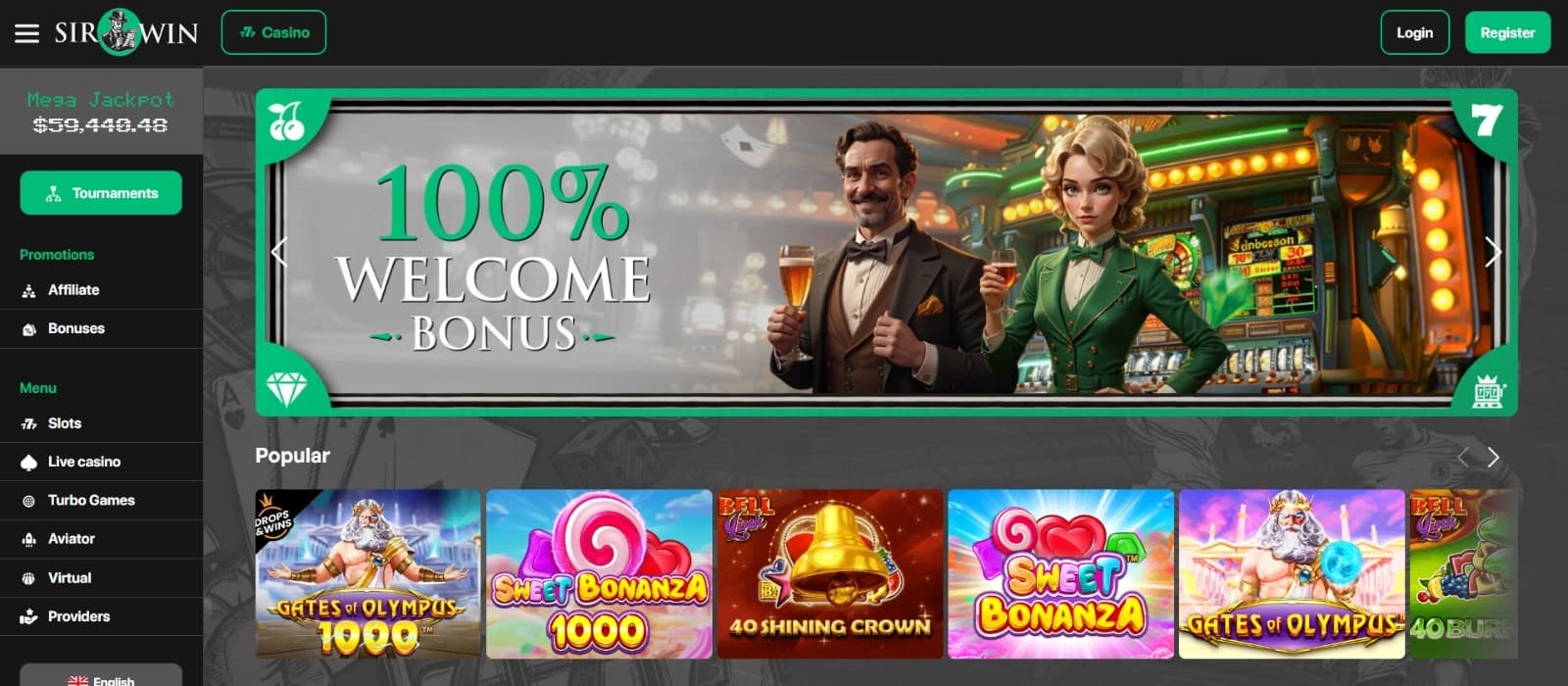 SirWin Casino's landing page featuring the 100% welcome bonus over image of sir and lady characters in Irish pub-like setting