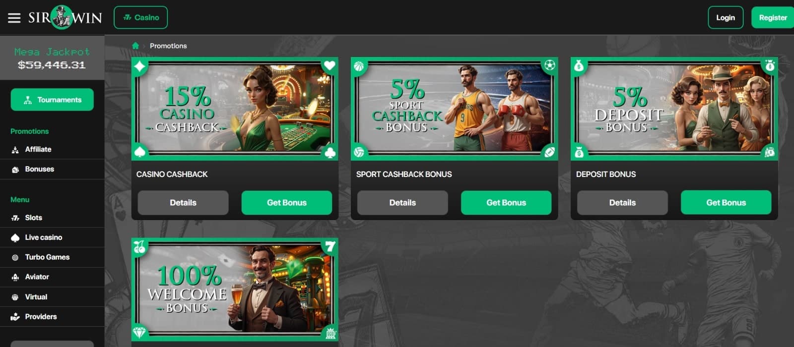 SirWin Casino's Promotional offerings, including the 15% cashback, 5% deposit bonus and 100% welcome bonus