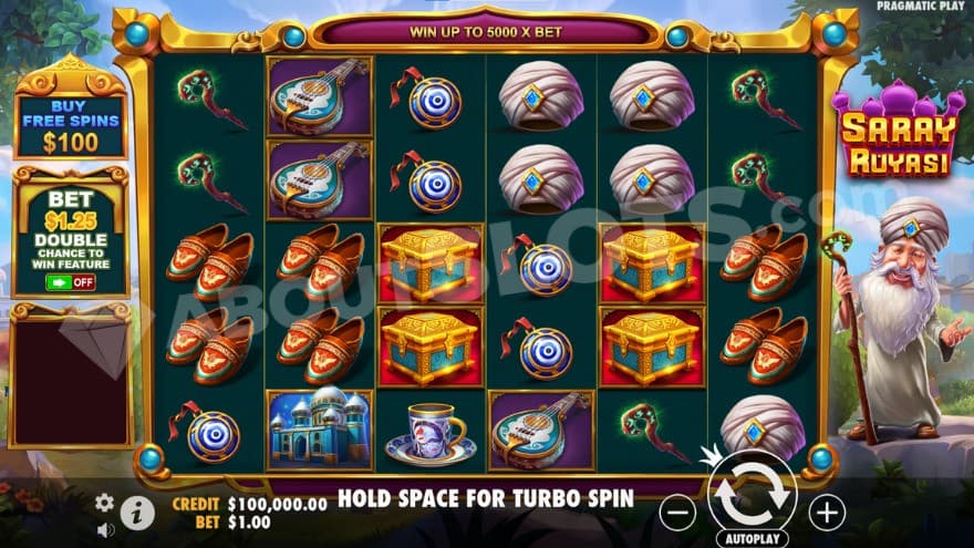 Base game with a man to the right of the reels.