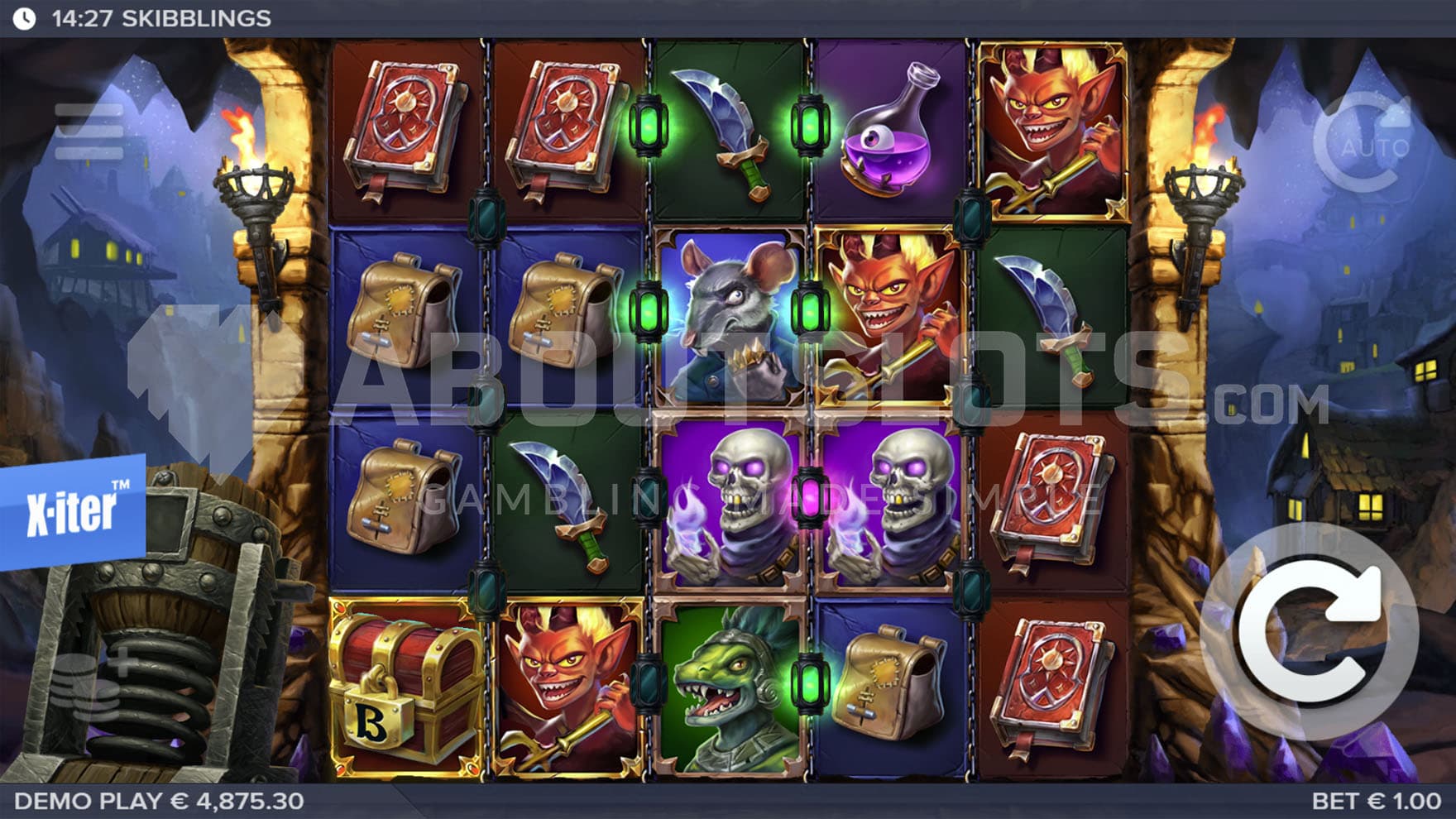 Base Game view of a 5x4 grid on a backdrop of a fantasy village at night.