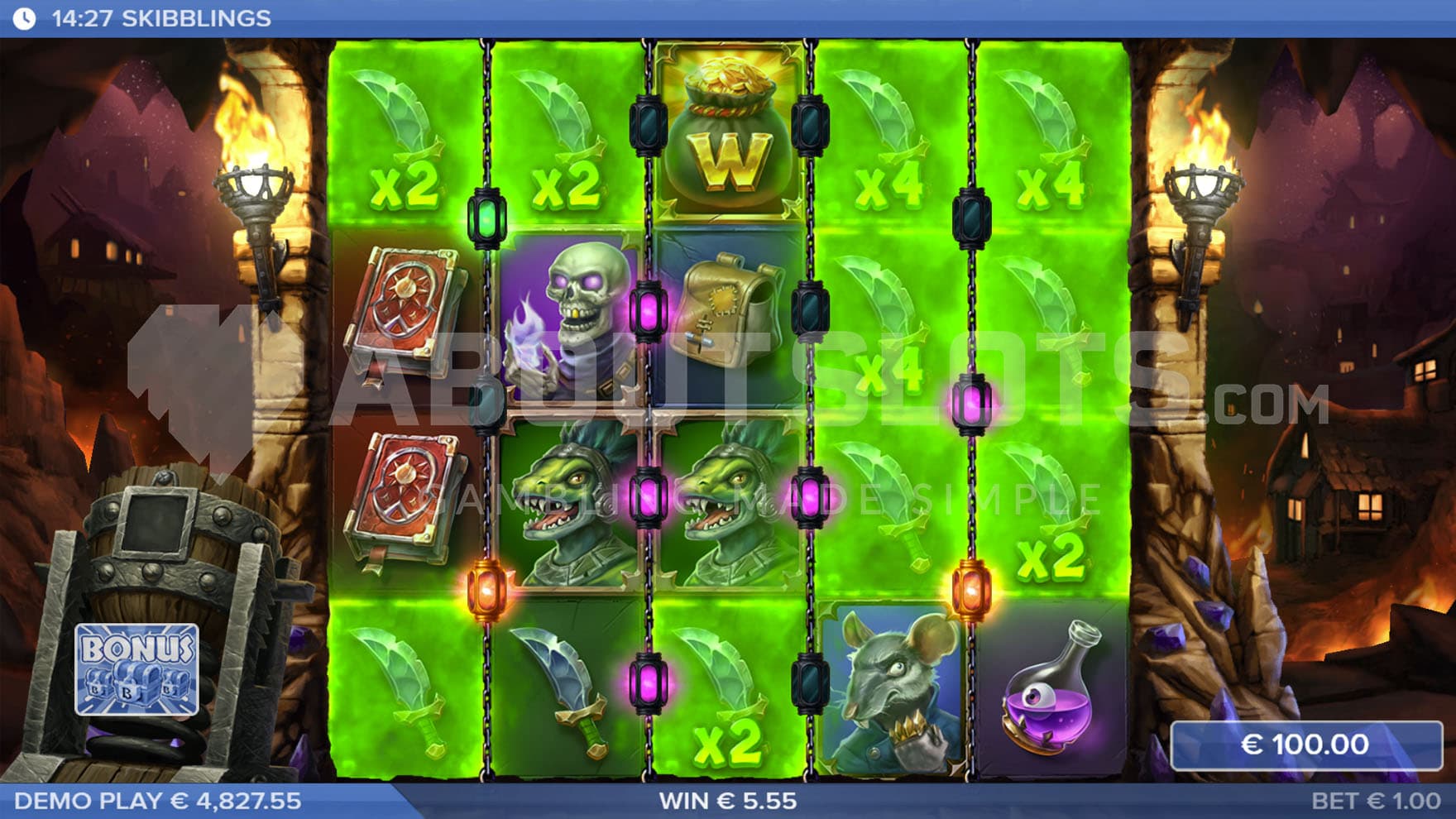 Bonus Game in progress, showing multiple positions as Mystery Symbols turning into a matching symbol.