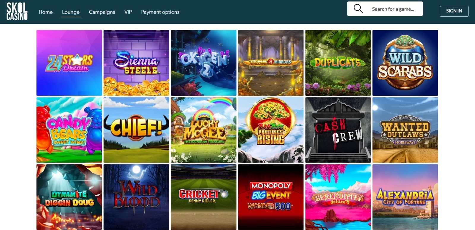 Skol Casino game page featuring a wide selection of casino games, such as  Big Bass and Eye of Horus