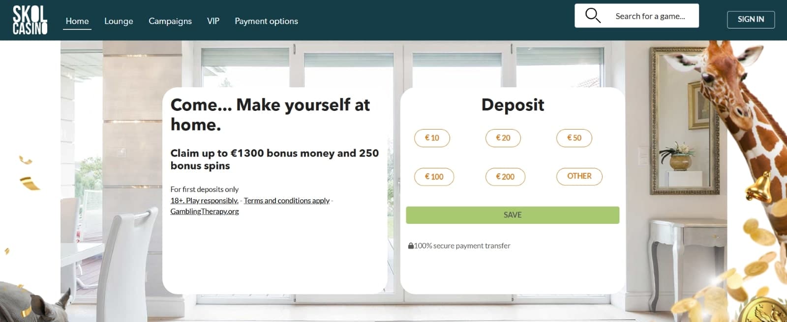  Skol Casino landing page presents the welcome bonus of 1300 euros and 250 bonus spins.