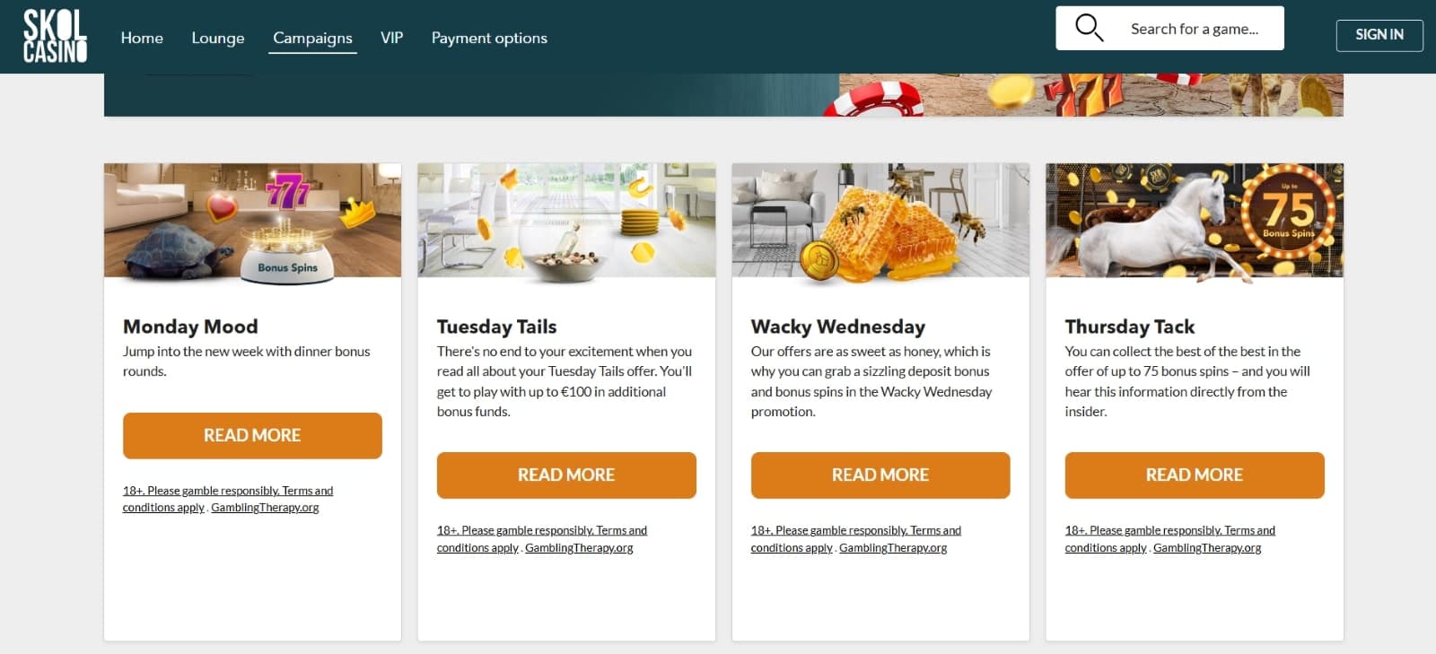  Skol Casino promotions page showcasing a range of bonuses, such as Monday Mood, Tuesday Tails, and more.