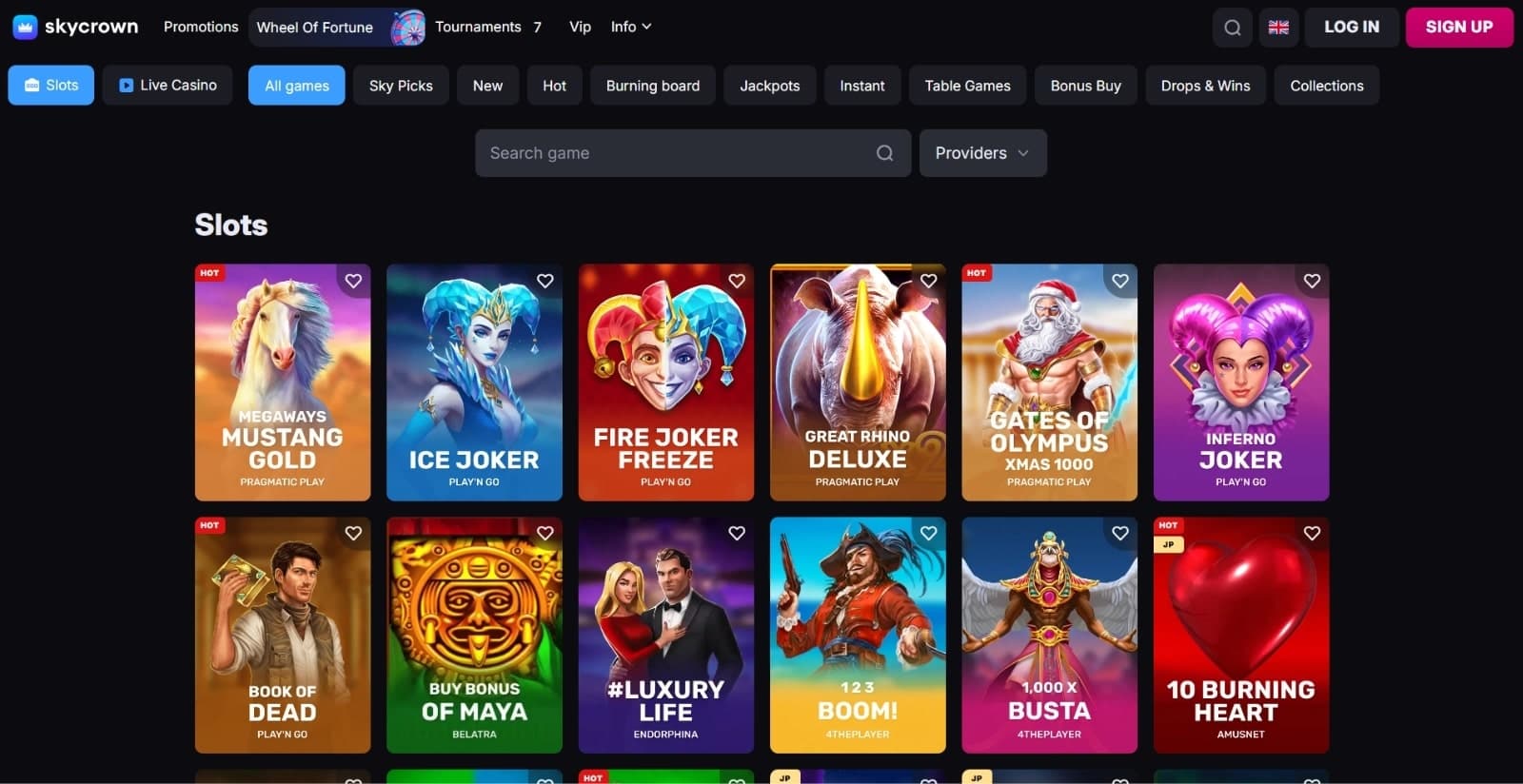SkyCrown Casino's gaming page featuring the live, slots, jackpot, instant , table games tabs above search filter and Mustang Gold and Fire Joker slot titles
