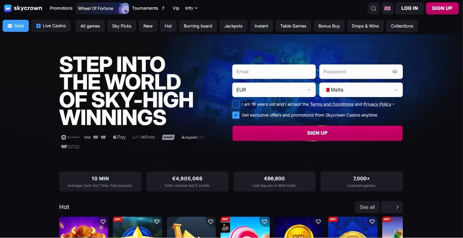 SkyCrown Casino's landing page featuring the sign up box above the latest win and cashout stats over blue dark background