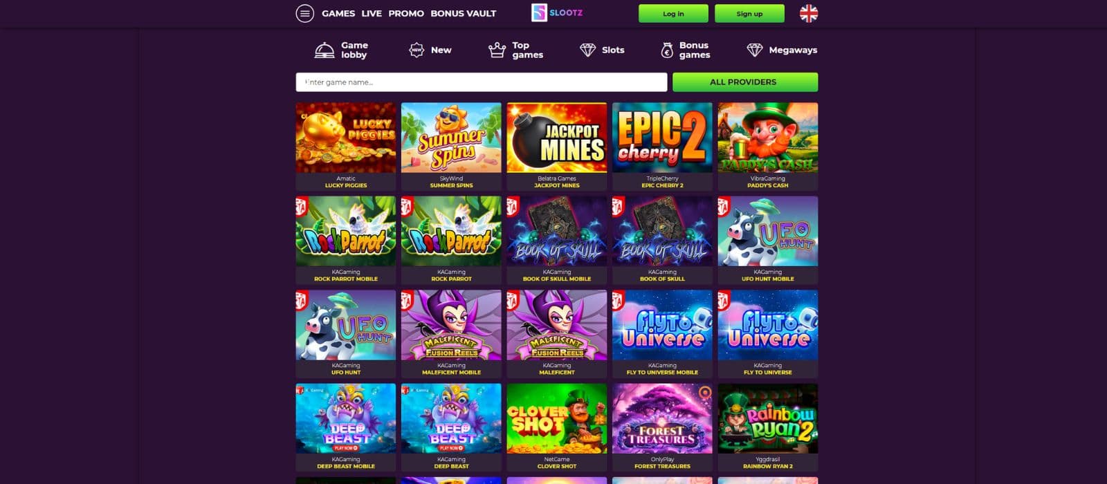 Slootz games page showing a selection of slots, the search function fog games and game categories