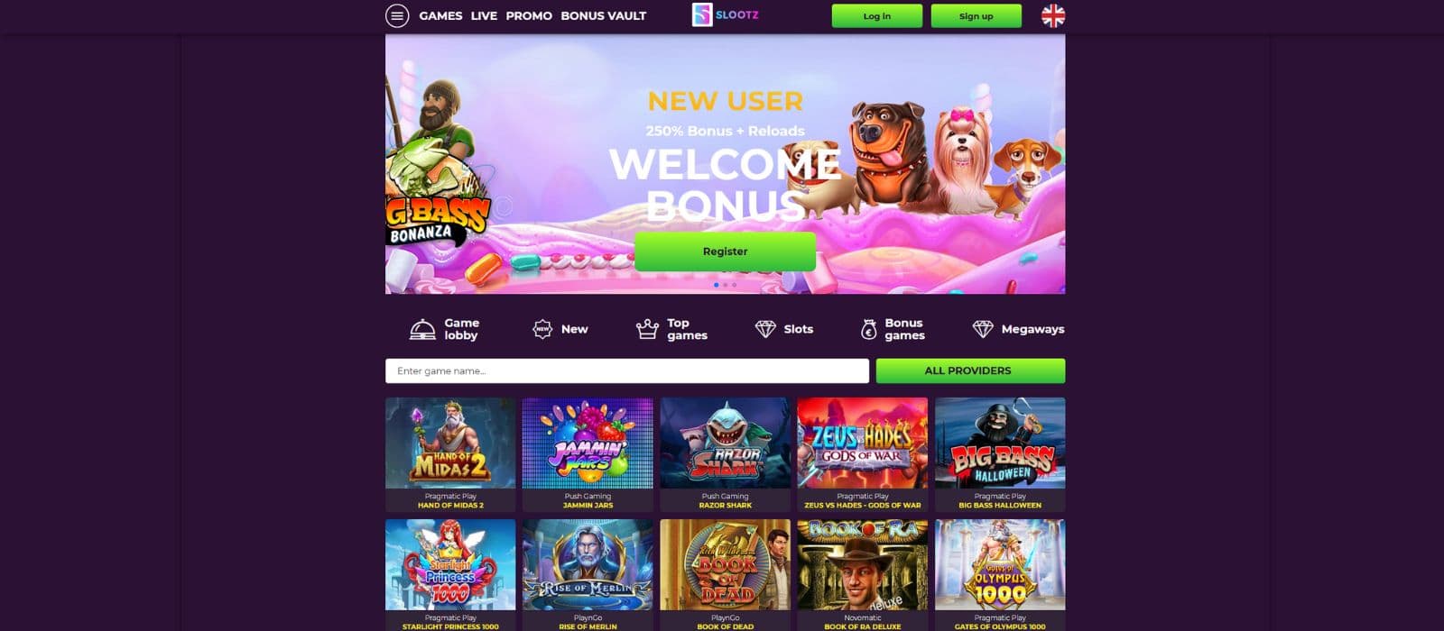 Slootz landing page showing the welcome bonus banner and the top menu