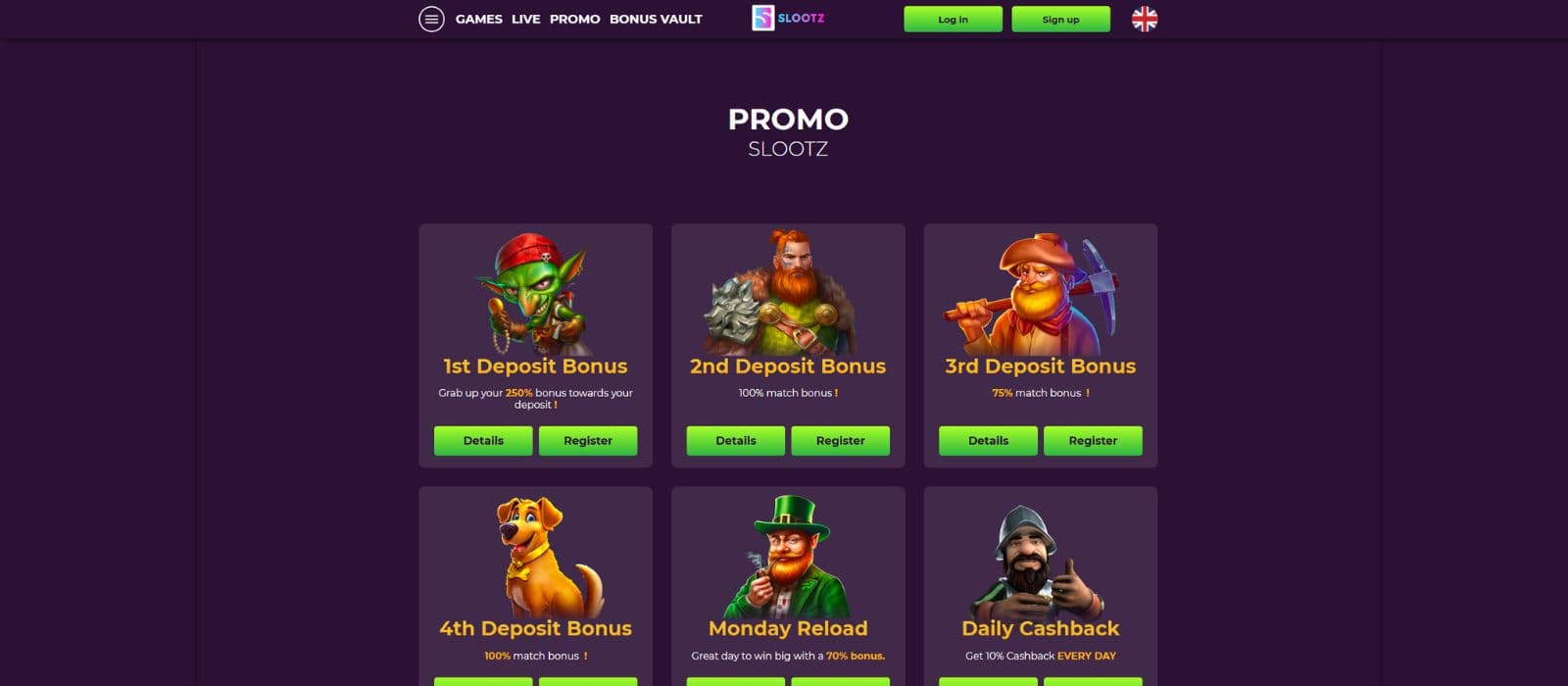 Slootz Casino promotions page showing the casino welcome bonuses and other promotions