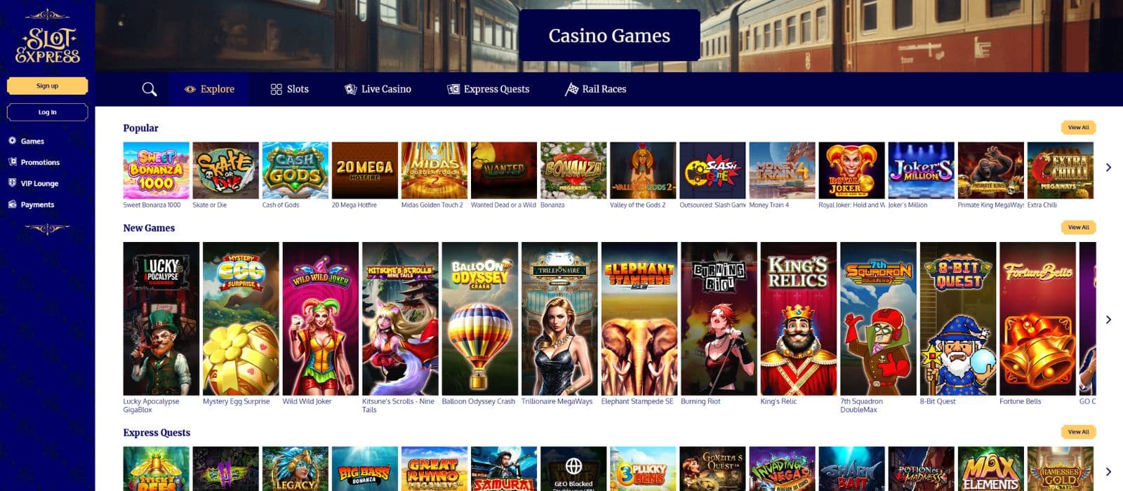 SlotExpress Casino games page showing a selection of slots and the game categories