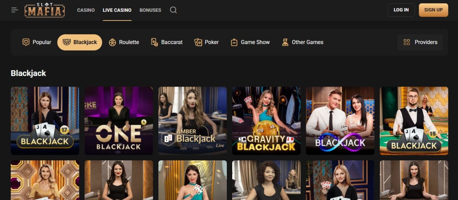 Slot Mafia Casino's live games section, showing variations of blackjack.
