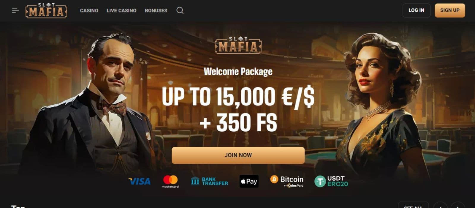 Slot Mafia Casino's homepage, showing the welcome package and two game avatars.