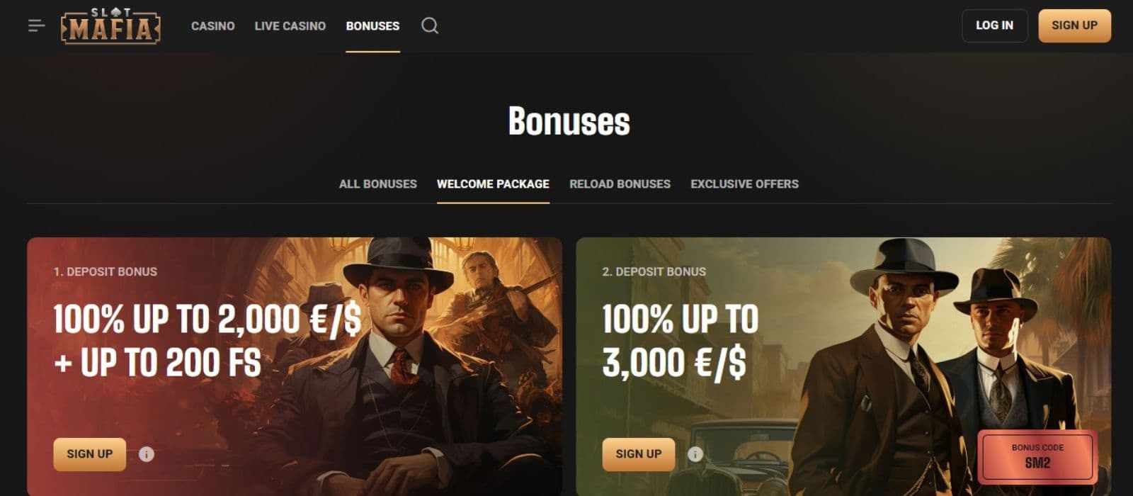 Slot Mafia Casino's bonus page showing the 1st and 2nd deposit bonuses.