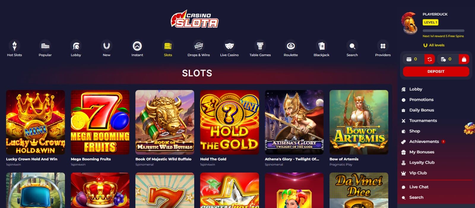 Slota Casino Games Page featuring the slot game icons under main sorting tabs next to navigation menu 