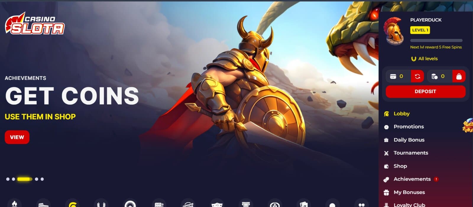 Slota Casino Landing Page featuring homepage banner with Spartan warrior with Bonus shop coins next to right side navigation menu