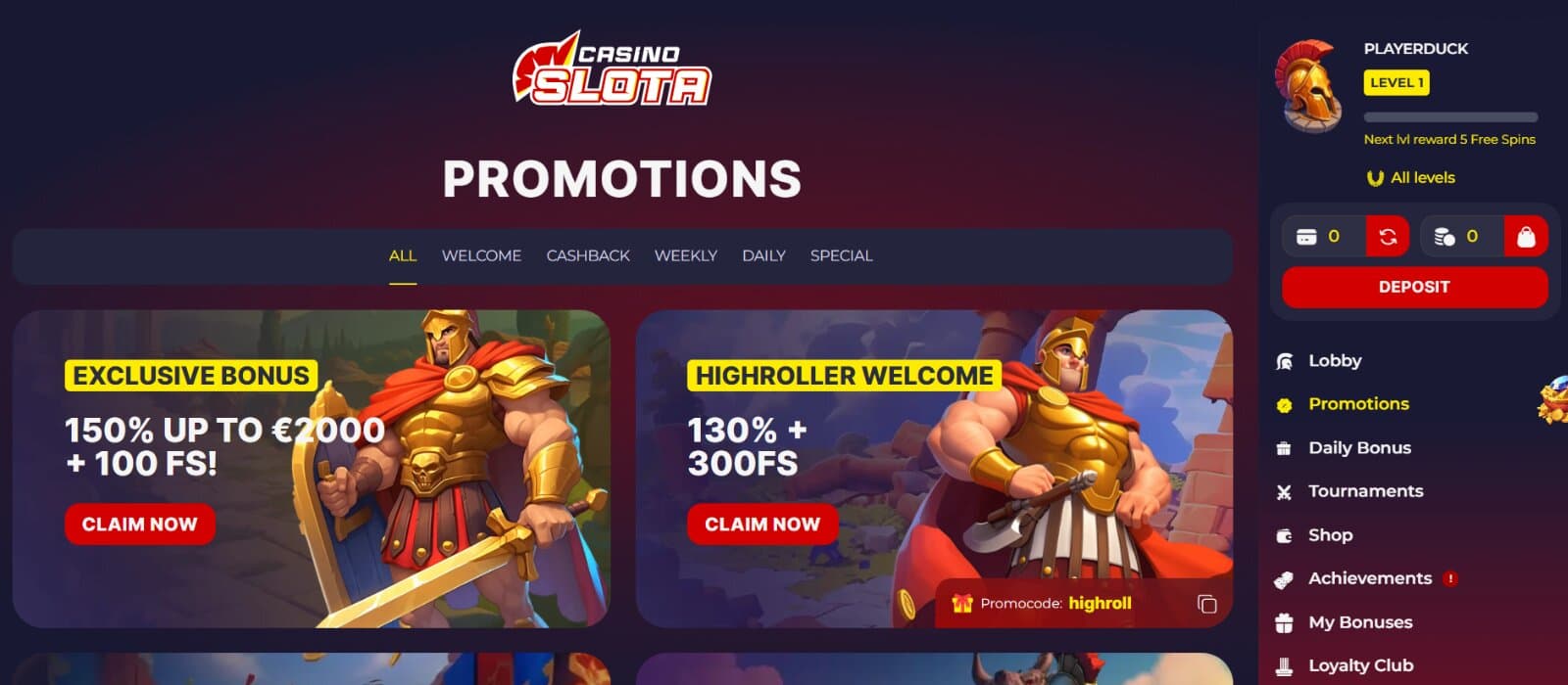 Slota Casino Promotions Page features the welcome bonuses cashback bonuses, daily bonuses, reload bonuses, special offers with Spartan banner images