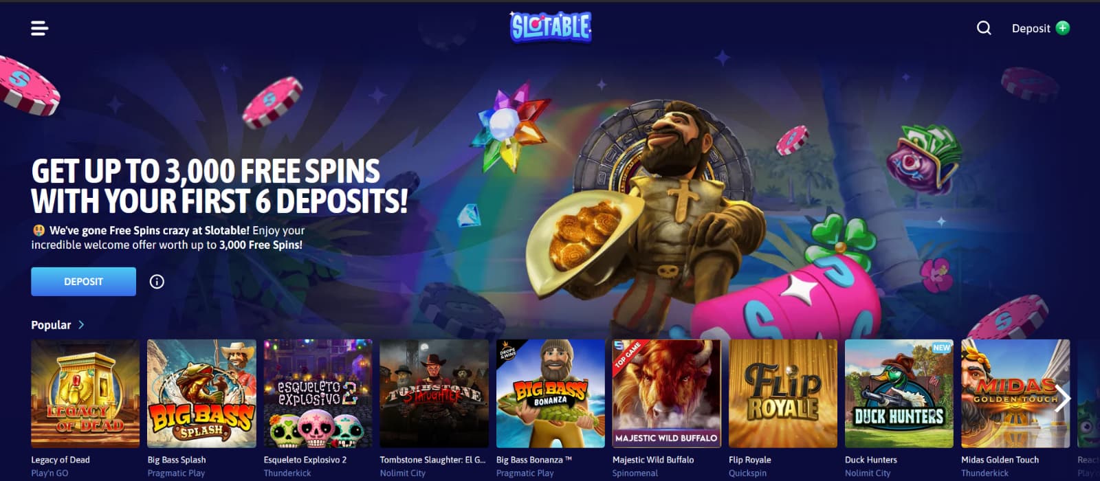 Slotable Casino landing page with Gonzo's Quest Character with 3000 Free Spins promo