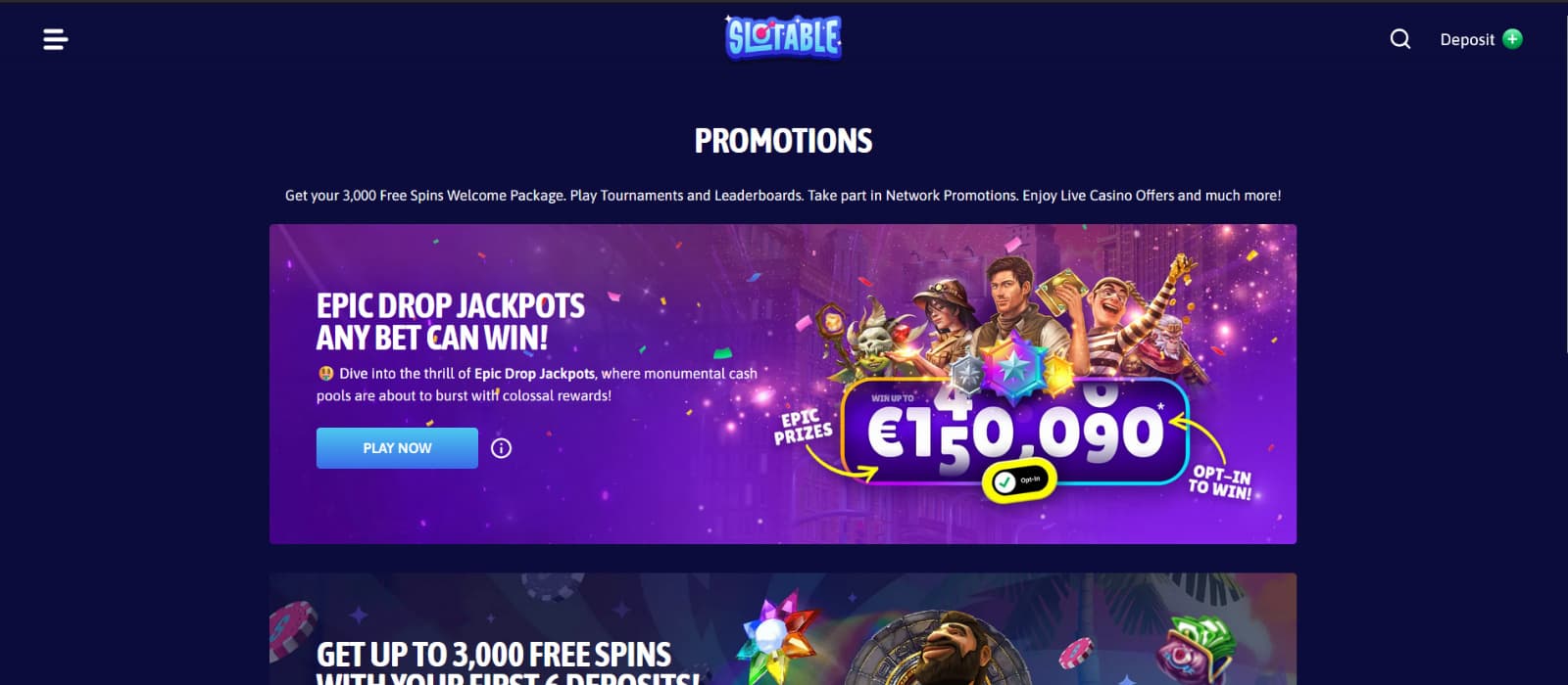 Slotable Casino promotions page with Drop Jackpot promotion