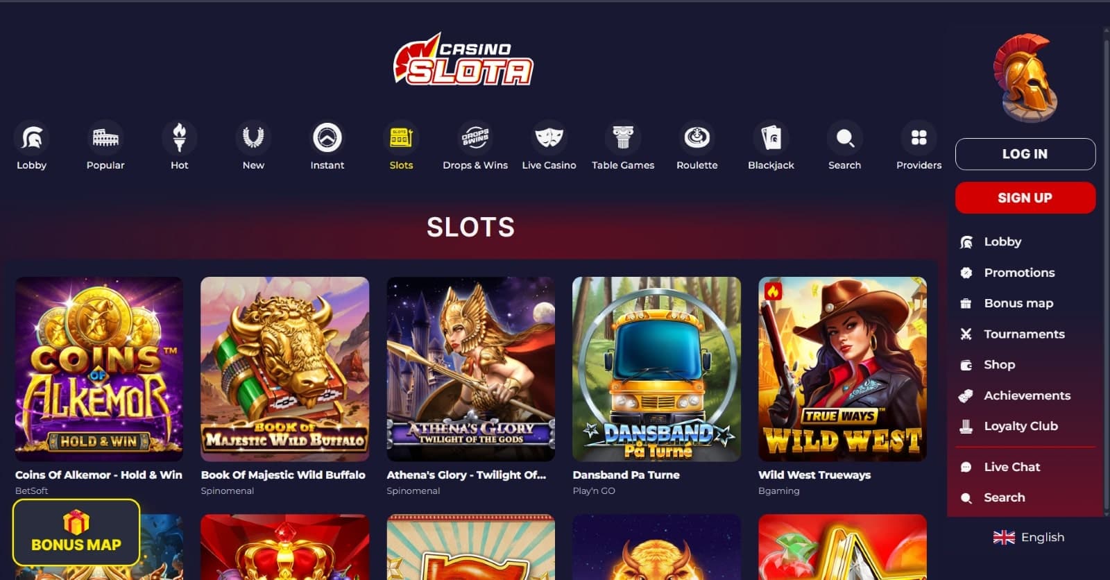 Slota Casino games page featuring slot titles under Live Casino, Drops and wins and other categories